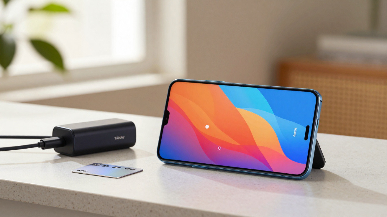 Smartphone on a stand displaying a colourful screen next to a black charging adapter on a kitchen countertop.