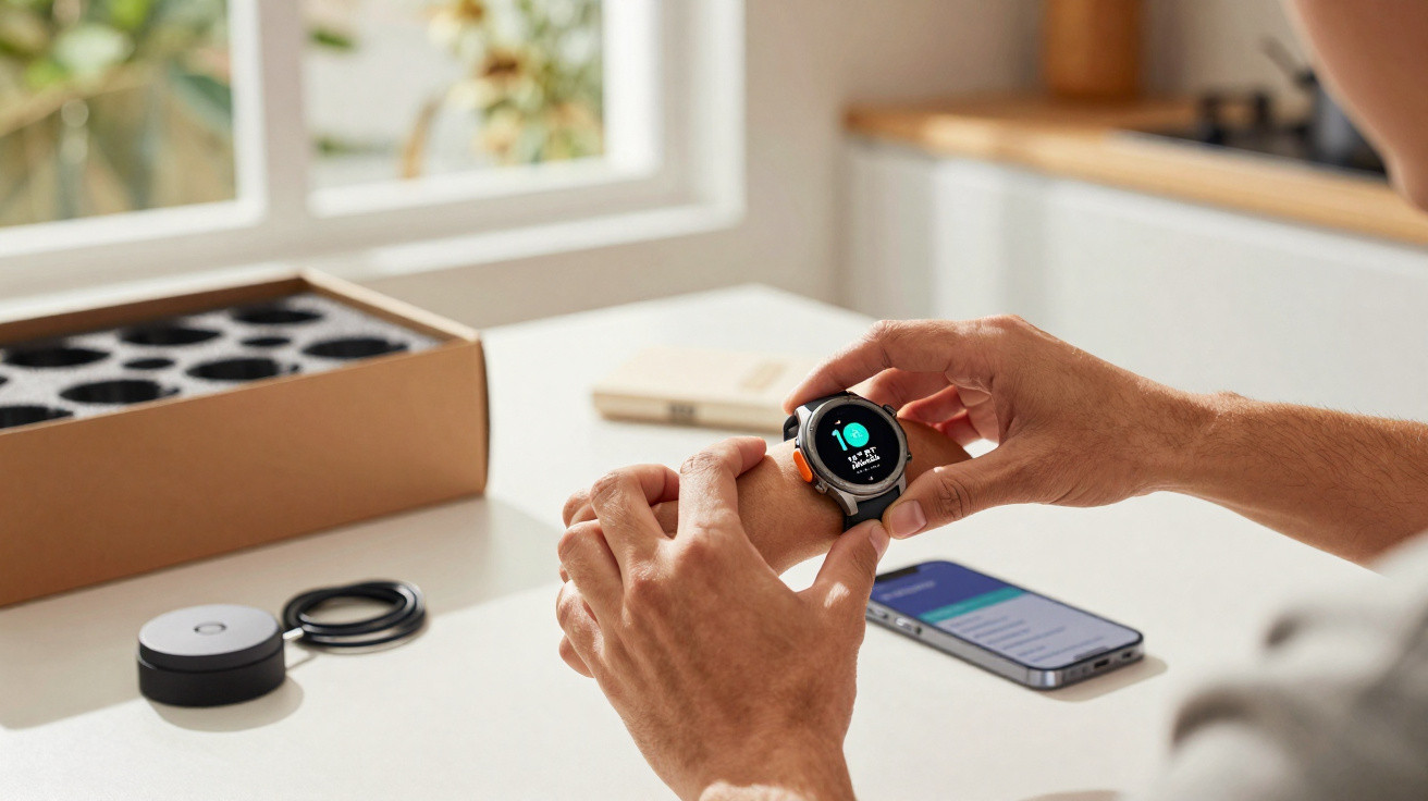 Person adjusting settings on a smartwatch while sitting at a table with a smartphone and wireless charger nearby.