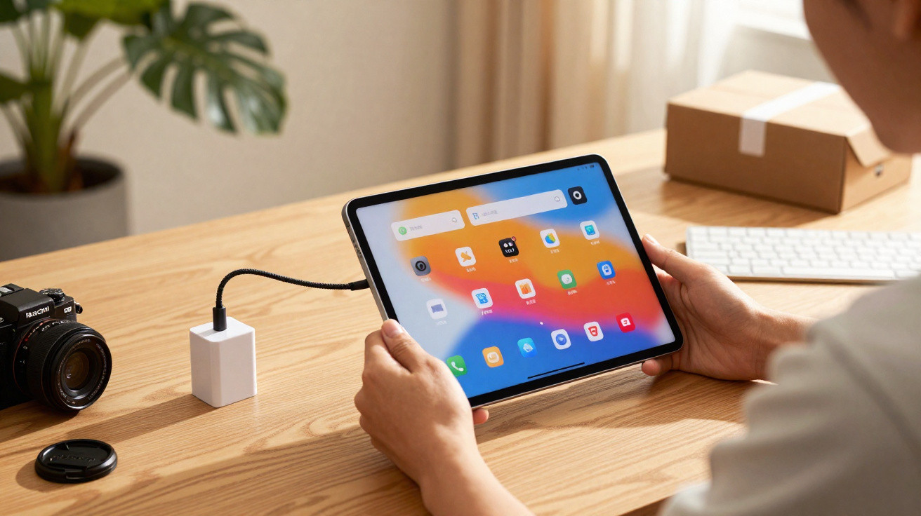 Person holding a tablet displaying colourful app icons, connected to a charger on a wooden desk with camera and keyboard.
