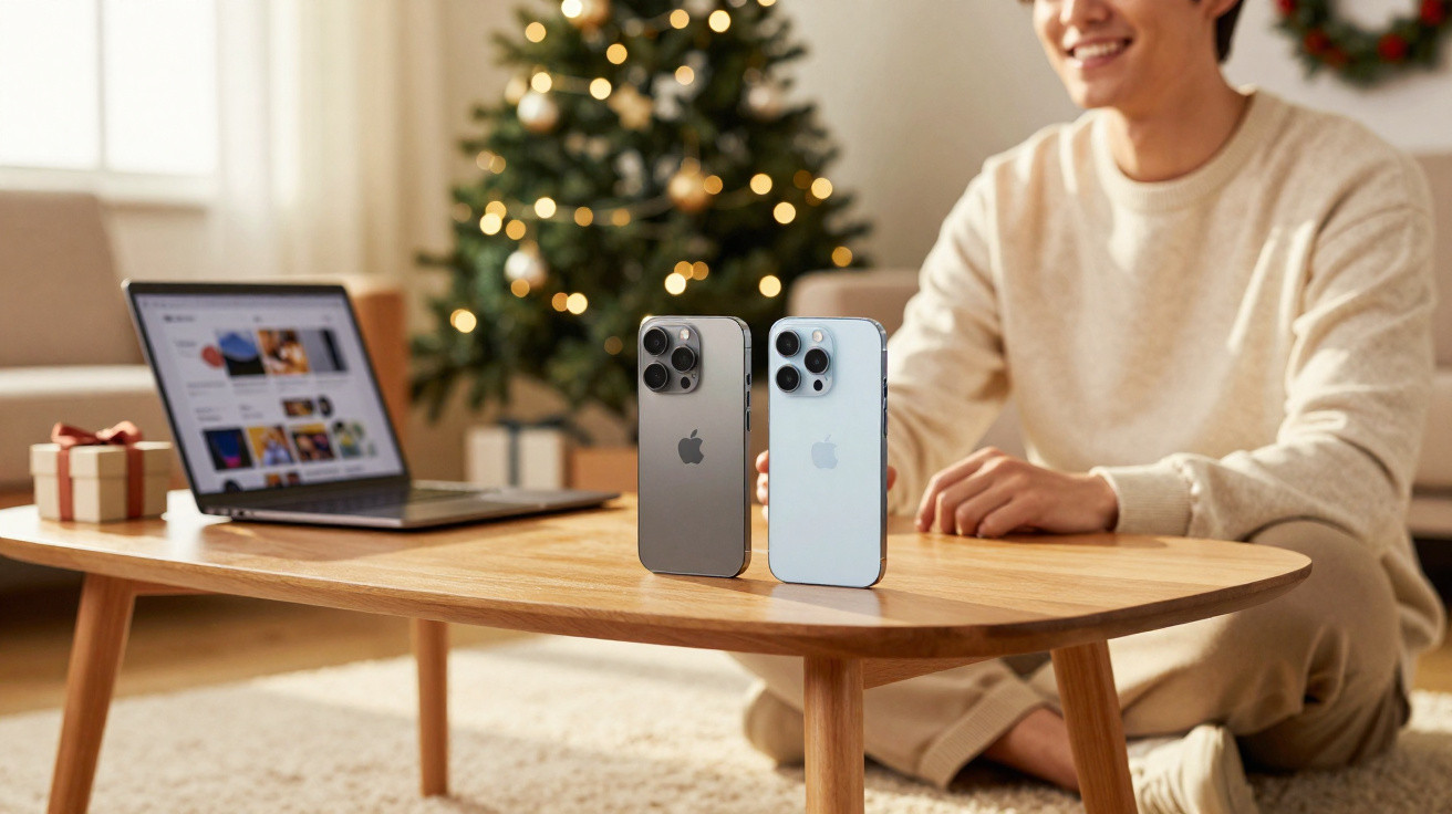 Two iPhones standing on a wooden table with a laptop, a gift, and a Christmas tree in the background.