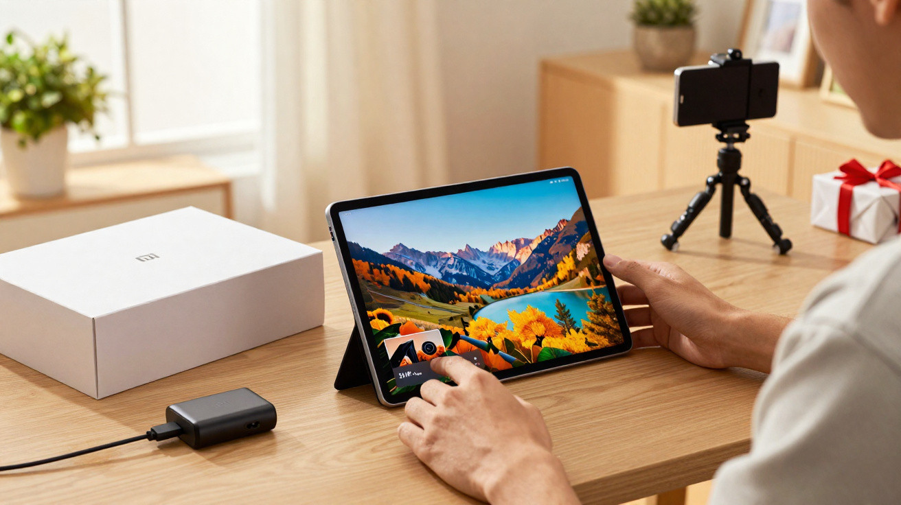 Person holding a black card, viewing a tablet showing autumn mountains, on a wood desk with Xiaomi packaging nearby.