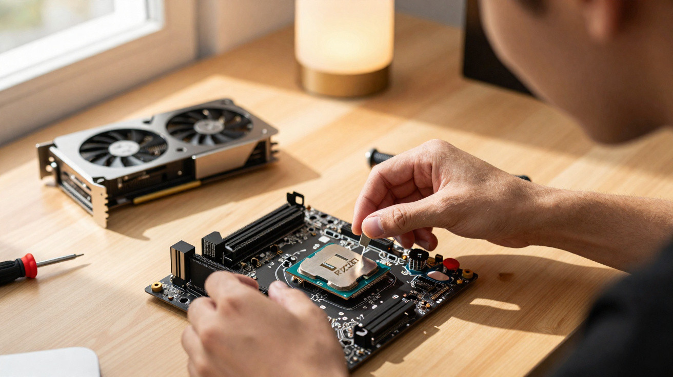 Person installing a CPU onto a motherboard on a wooden desk with a graphics card and screwdriver nearby.