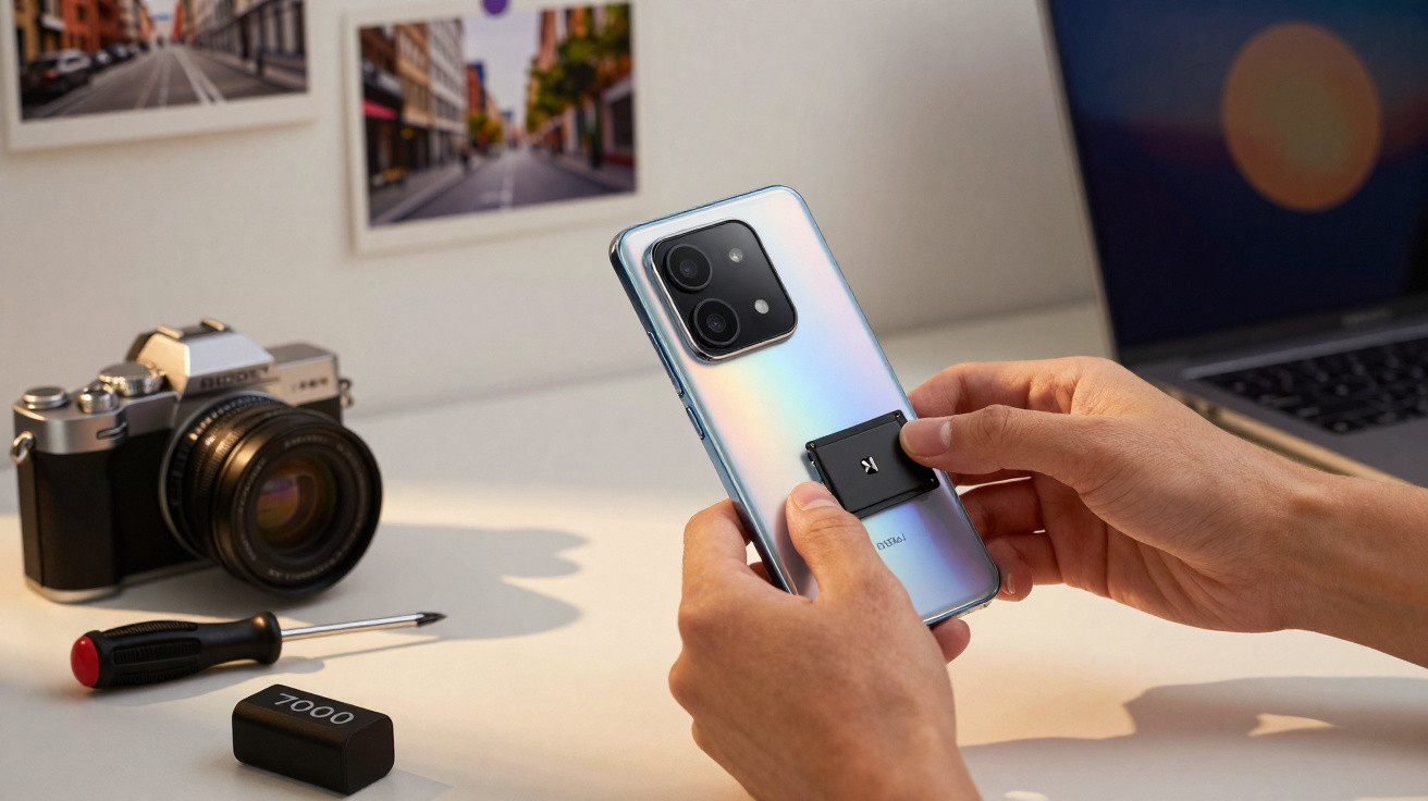 Person attaching a small black clip-on accessory to the back of a silver smartphone on a desk.