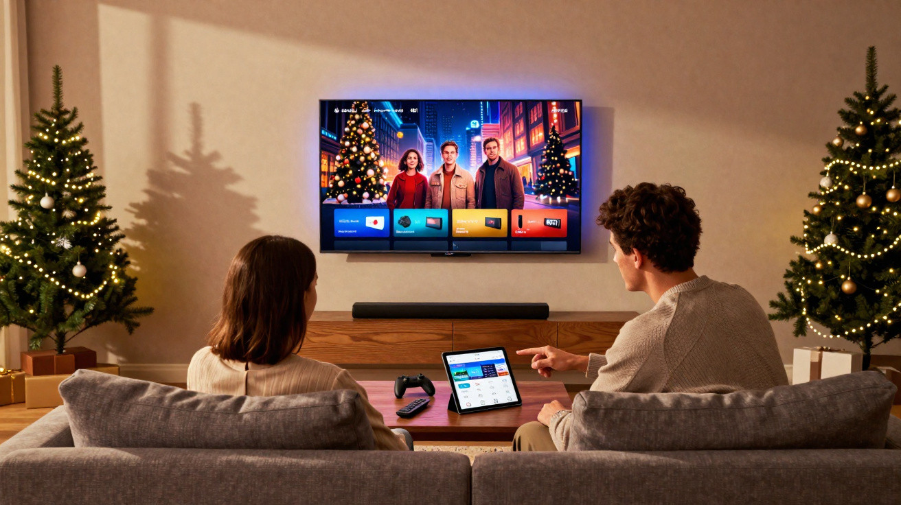 Two people sitting on a grey sofa watching Christmas movie on TV with decorated trees and tablet on coffee table.
