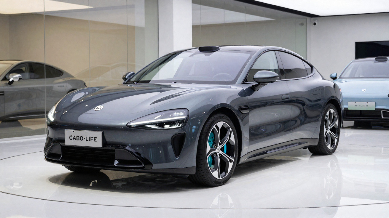 Sleek dark grey sports car with distinctive headlights displayed in a modern showroom with reflective floors.