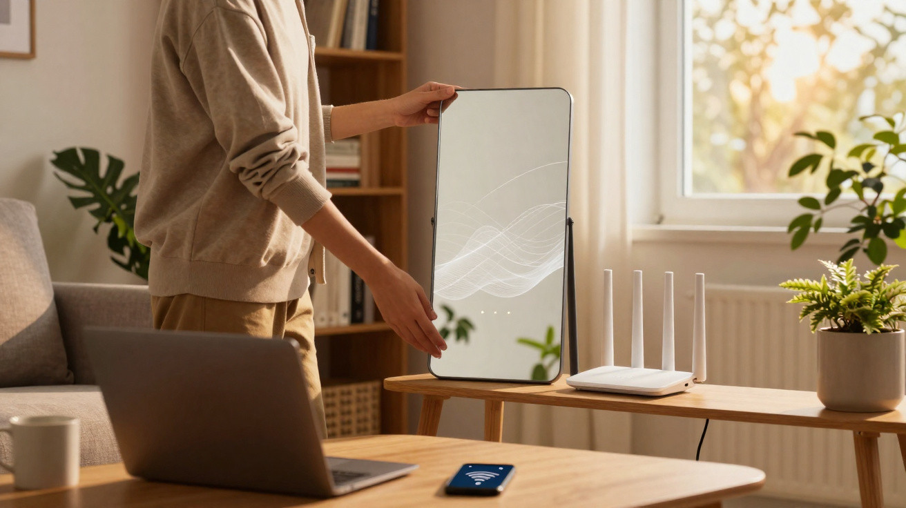 Person adjusting a slim, modern smart mirror on a wooden table next to a Wi-Fi router in a cosy living room.