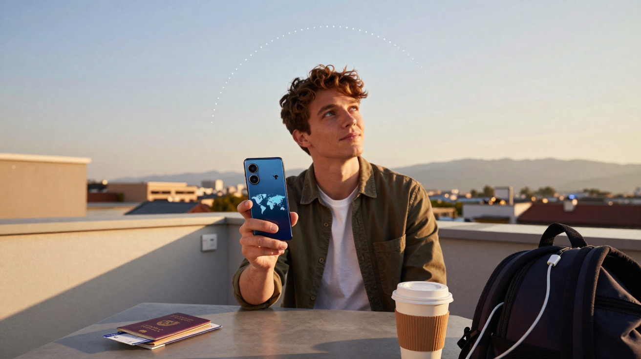 Young man sitting on rooftop holding smartphone with world map, passport and coffee cup nearby at sunset.
