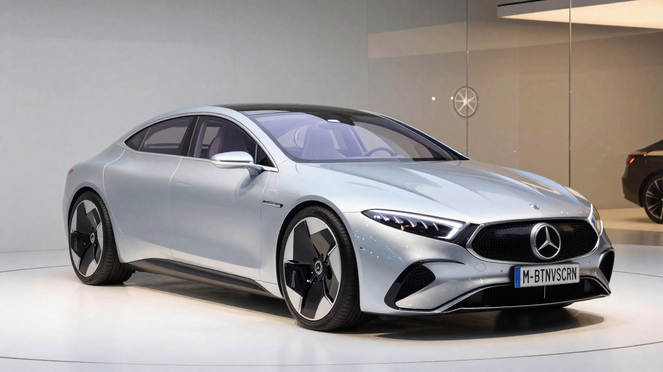 Silver Mercedes-Benz electric sedan displayed indoors with sleek aerodynamic design and black-accented wheels