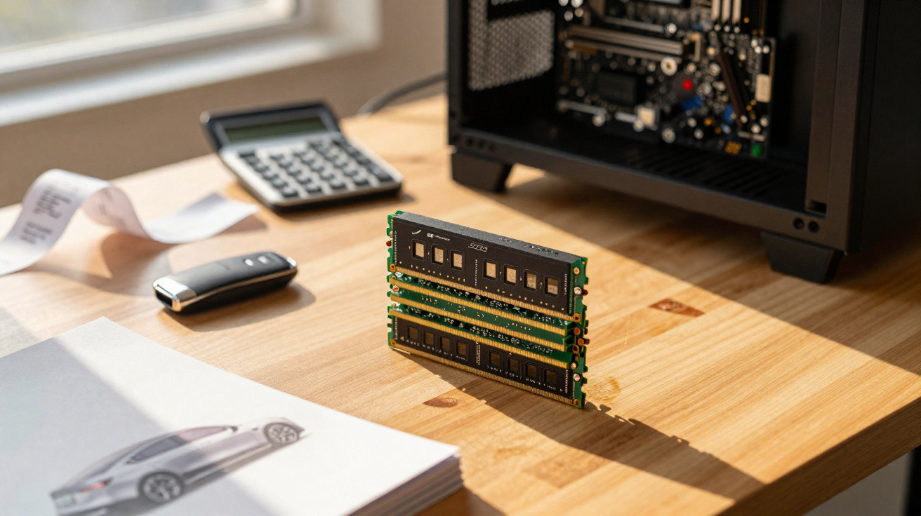 Three RAM sticks standing upright on a wooden desk next to a computer case and office items.