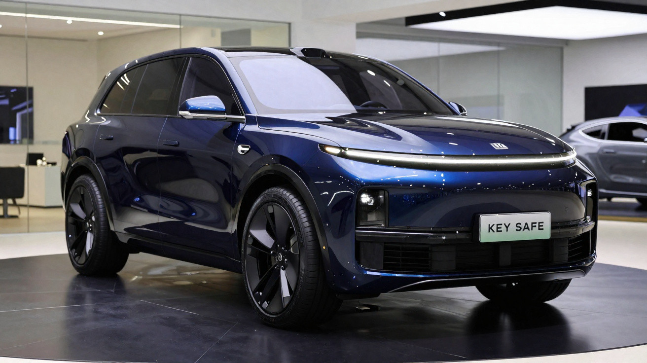 Dark blue modern electric SUV displayed indoors with sleek design and large black alloy wheels.