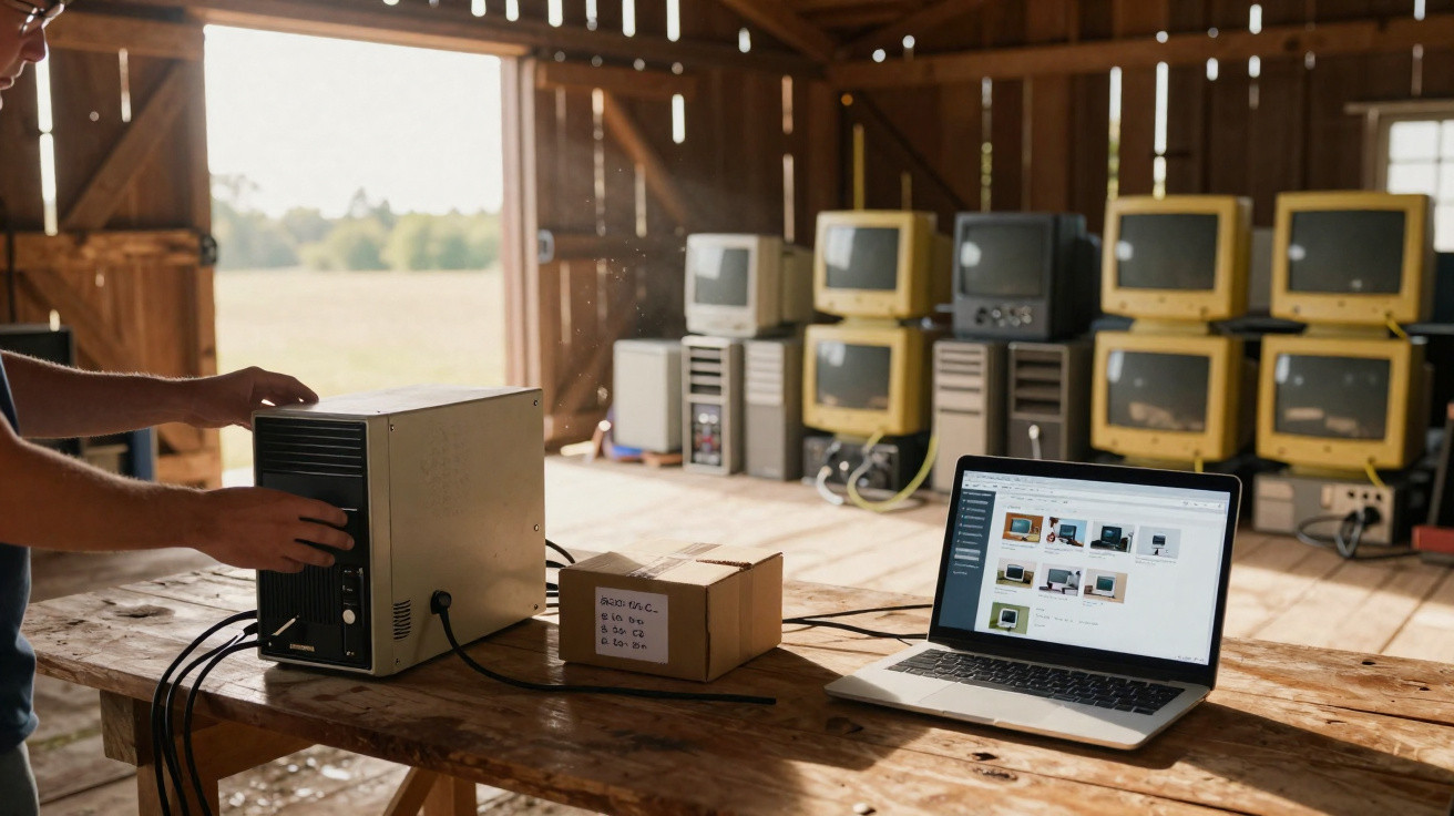 Person setting up vintage computers connected to a laptop in a rustic wooden shed with open doors.