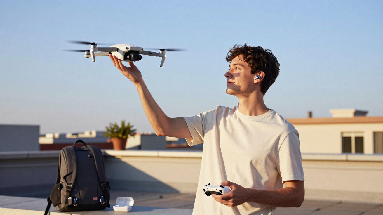 Young man wearing wireless earbuds launching a drone on a rooftop with a backpack and drone case nearby.