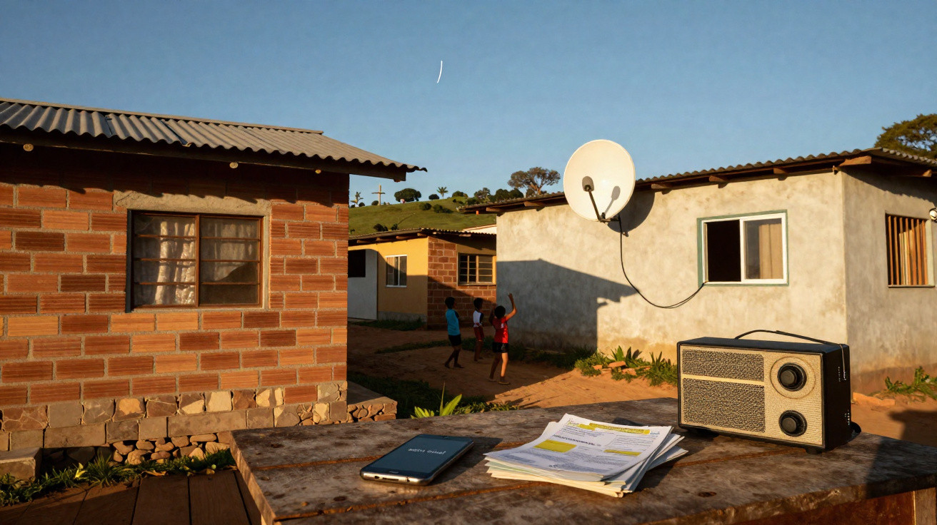 Small rural houses with children playing outside and a table in foreground holding a radio, papers and a cellphone.
