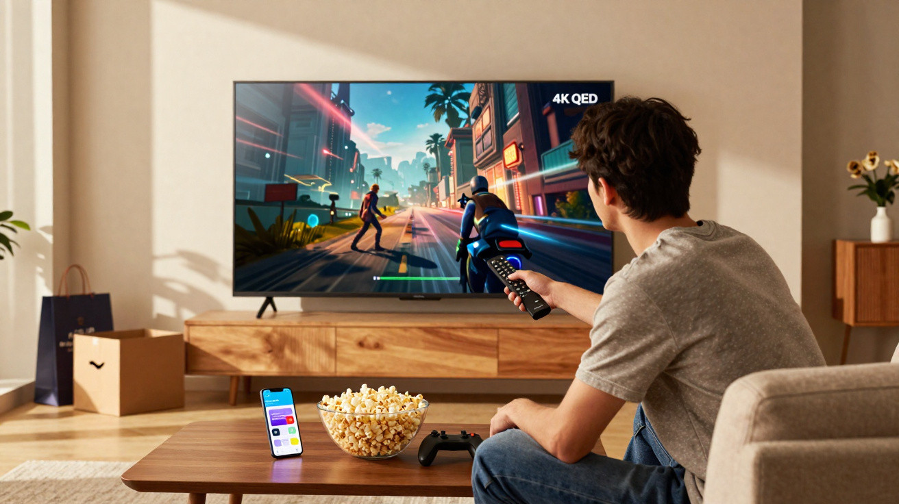 Man playing video game on 4K QED TV in living room with popcorn, game controller, and smartphone on table.