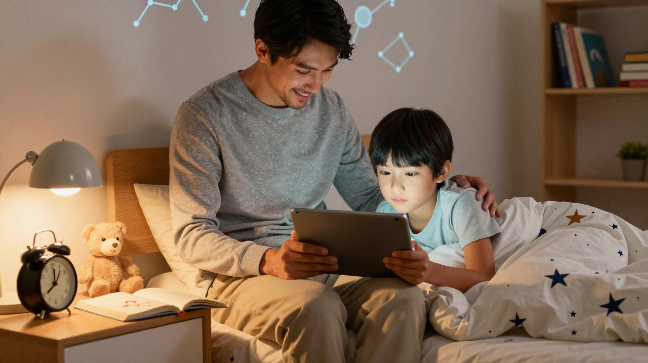 Father and son sitting on bed reading from a tablet under a night lamp with a teddy bear and clock nearby.