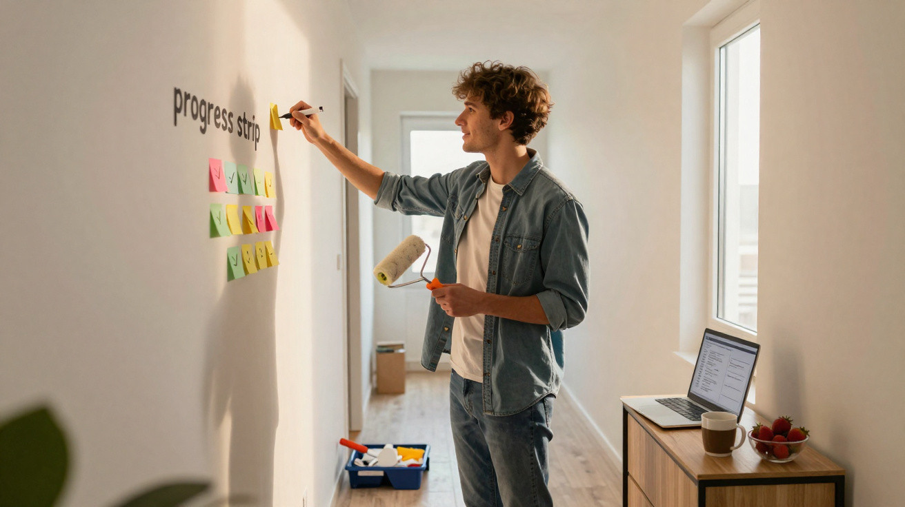 Young man updating a progress strip of sticky notes on a hallway wall while holding a paint roller.