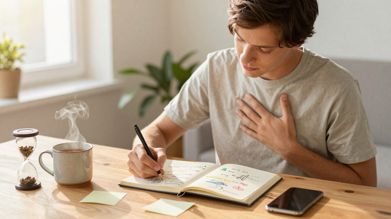 Young man writing in a notebook at a wooden table with a steaming mug, sand timer, and smartphone nearby.