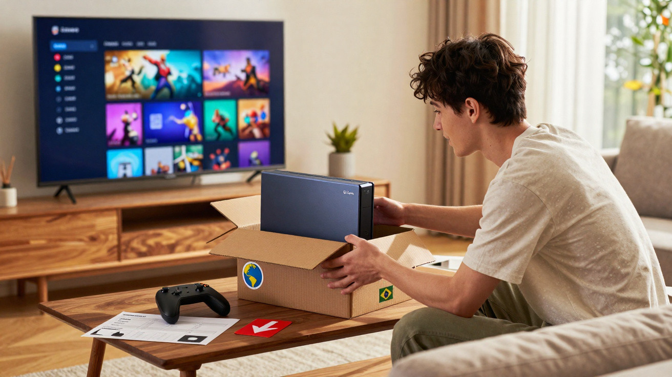 Young man unboxing a gaming console at a wooden table with a TV displaying games in the background.