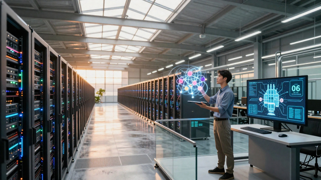 Technician interacting with a holographic digital interface in a modern server room with data racks and a computer monitor.