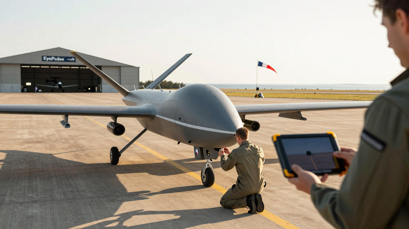 Military personnel preparing a large unmanned drone on runway outside a hangar with a French flag in the background