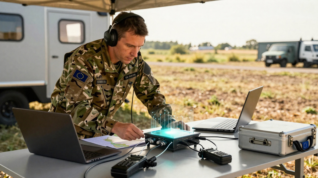Military personnel in camouflage using communication equipment and laptops outdoors under a tent.