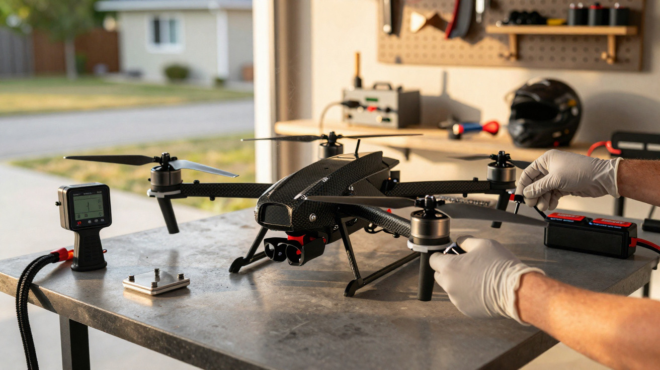 Person wearing gloves assembling a black quadcopter drone on a workbench in a garage workshop.