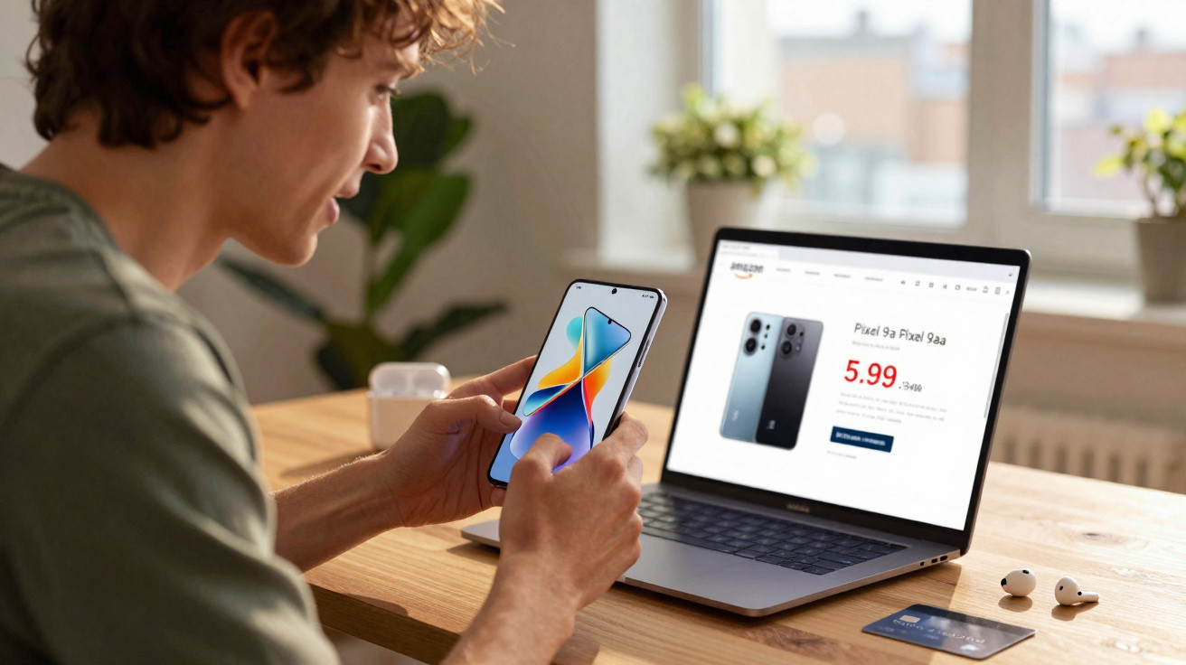 Man holding smartphone shopping online on laptop showing discounted Pixel 9a phone on wooden desk.