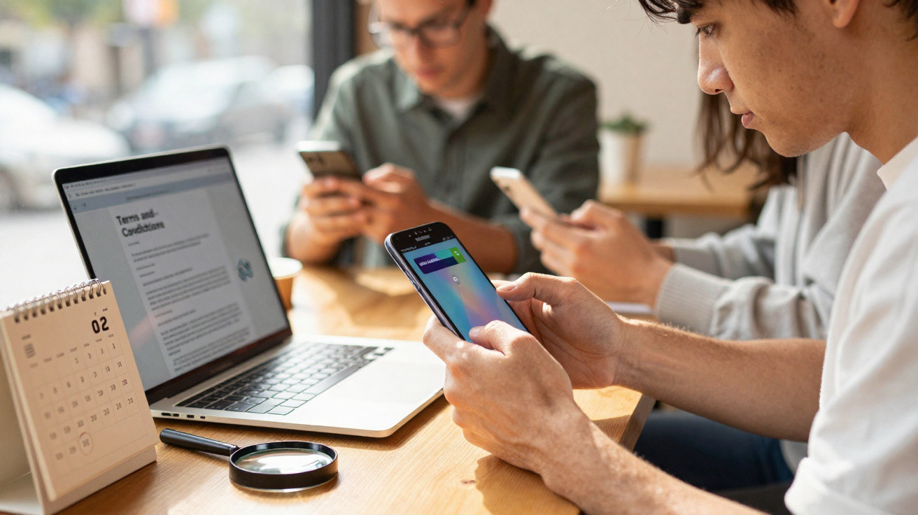 Three people using smartphones at a table with a laptop, calendar, and magnifying glass in a casual setting.