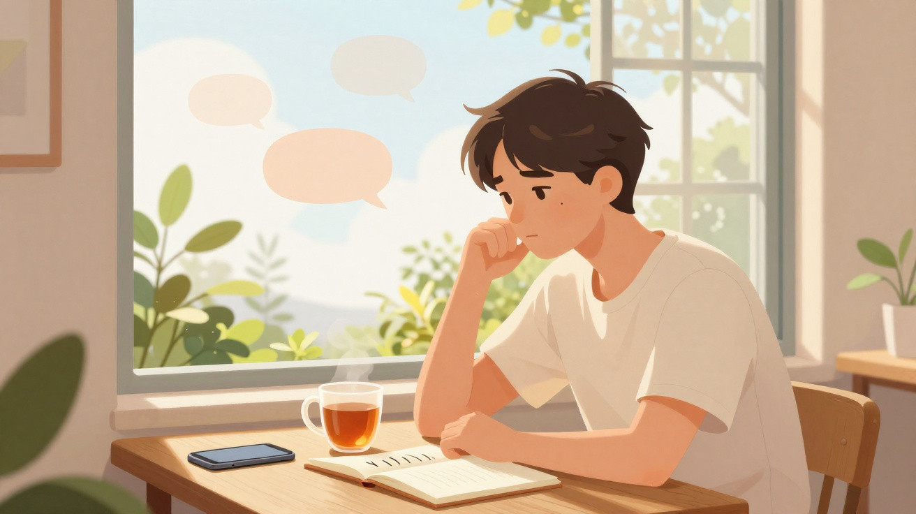 Young man sitting by a window, reading a book with a cup of tea and a phone on the table.