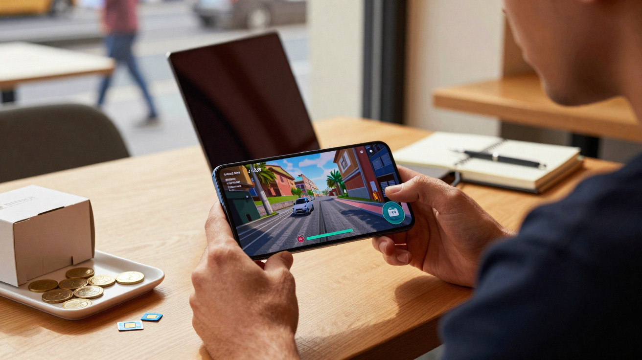 Person holding a smartphone playing a car driving game at a wooden table with a laptop and coins nearby.