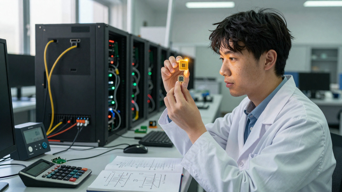 Scientist in lab coat examining a glowing microchip in a technology research lab with equipment and notes.