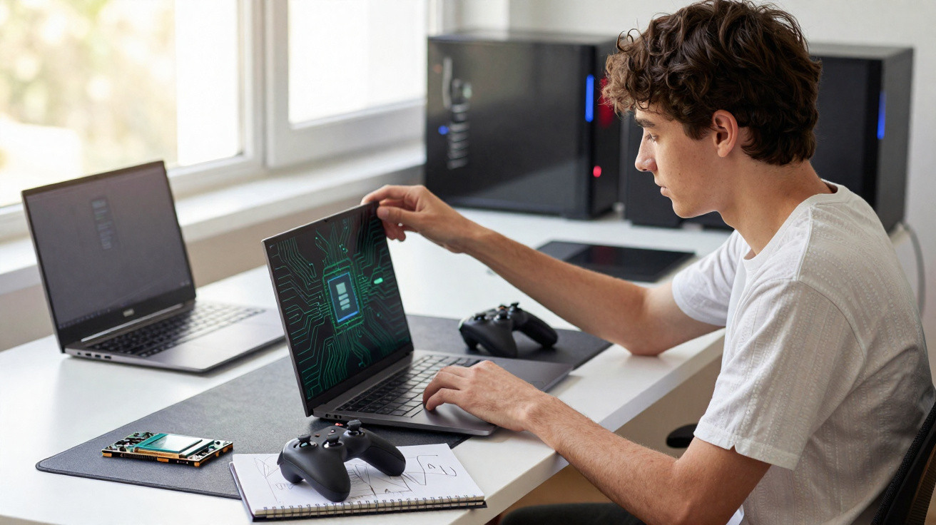 Young man working on laptop showing circuit board design, with gaming controllers and computer parts nearby.
