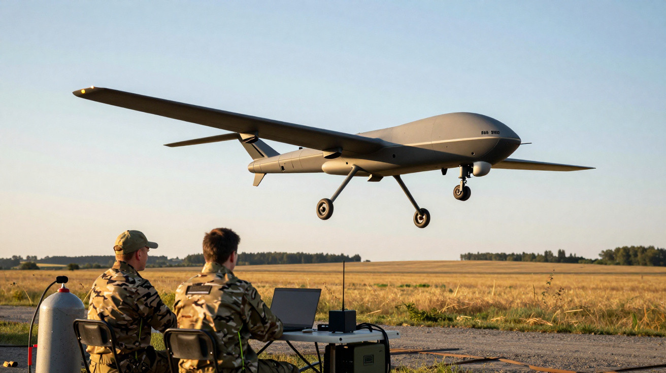 Two soldiers operating a military drone flying low over an open field at sunset.