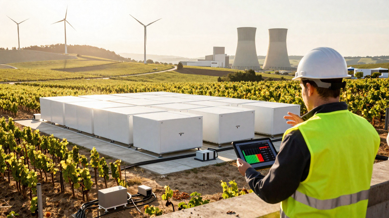 Engineer in hard hat and high-visibility vest monitors Tesla battery storage units near wind turbines and nuclear plant.