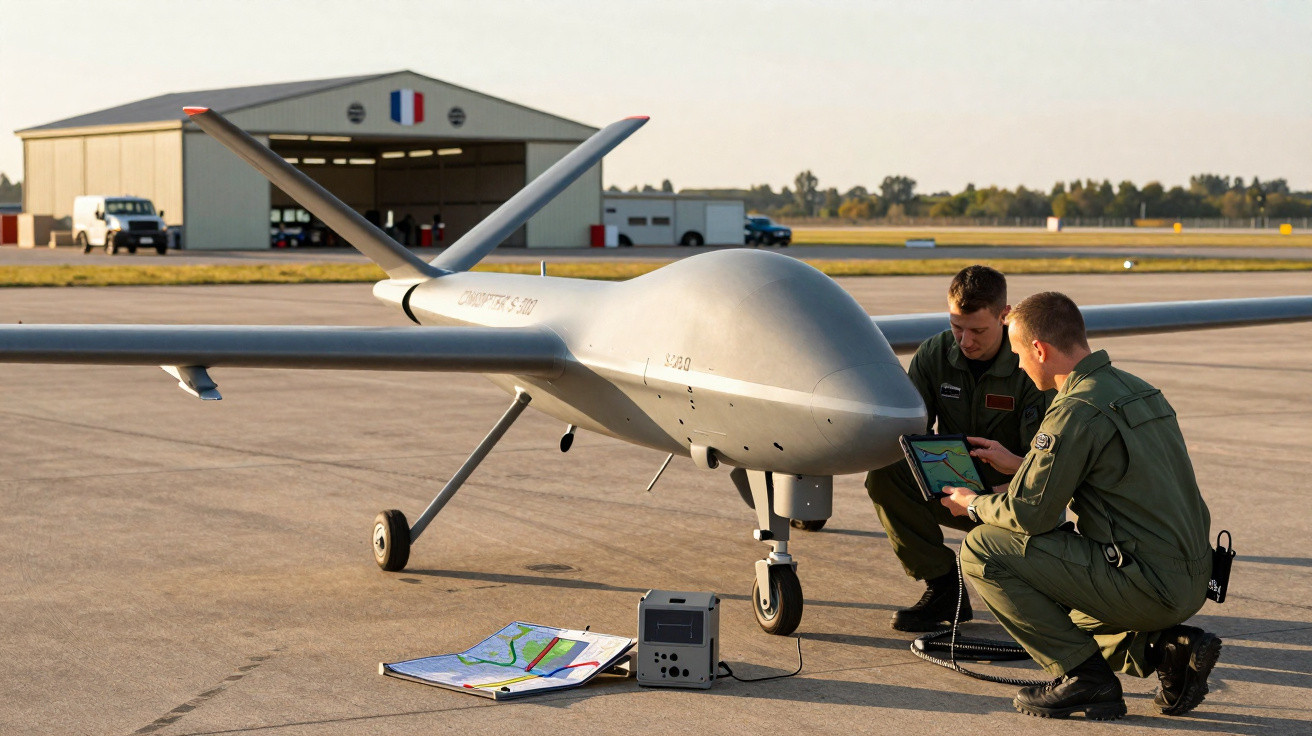 Two military personnel in green uniforms inspect a drone on an airport runway near control equipment.