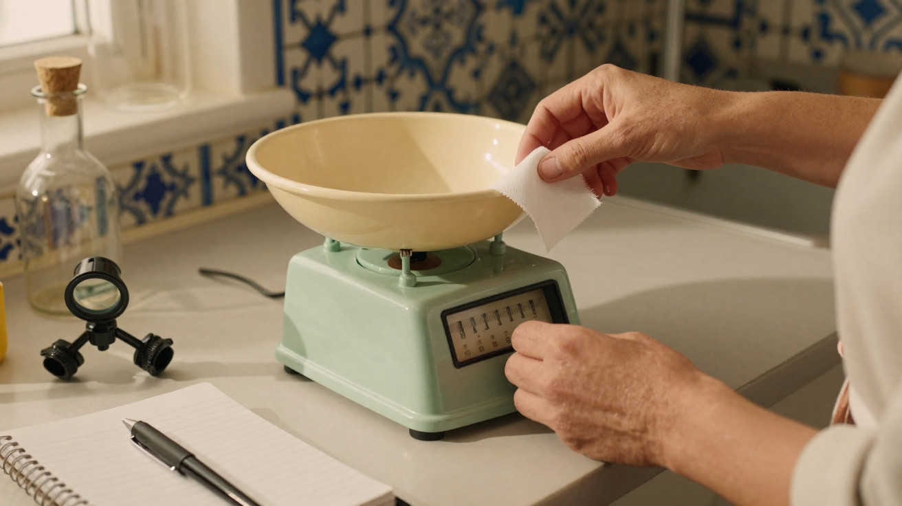 Person adjusting a vintage green kitchen scale with a cream bowl on a countertop with notebook and pen nearby.