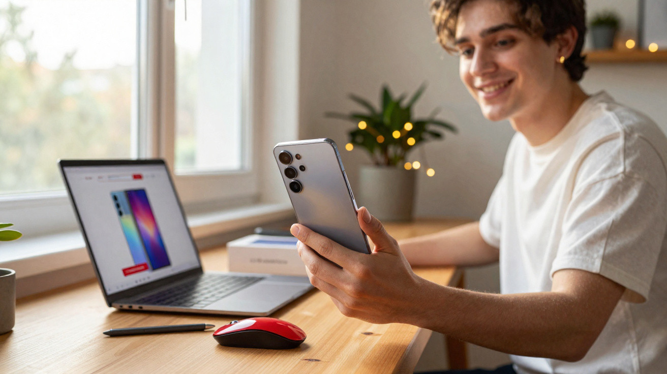 Young man smiling while holding a smartphone next to a laptop and computer mouse on a wooden desk by a window.