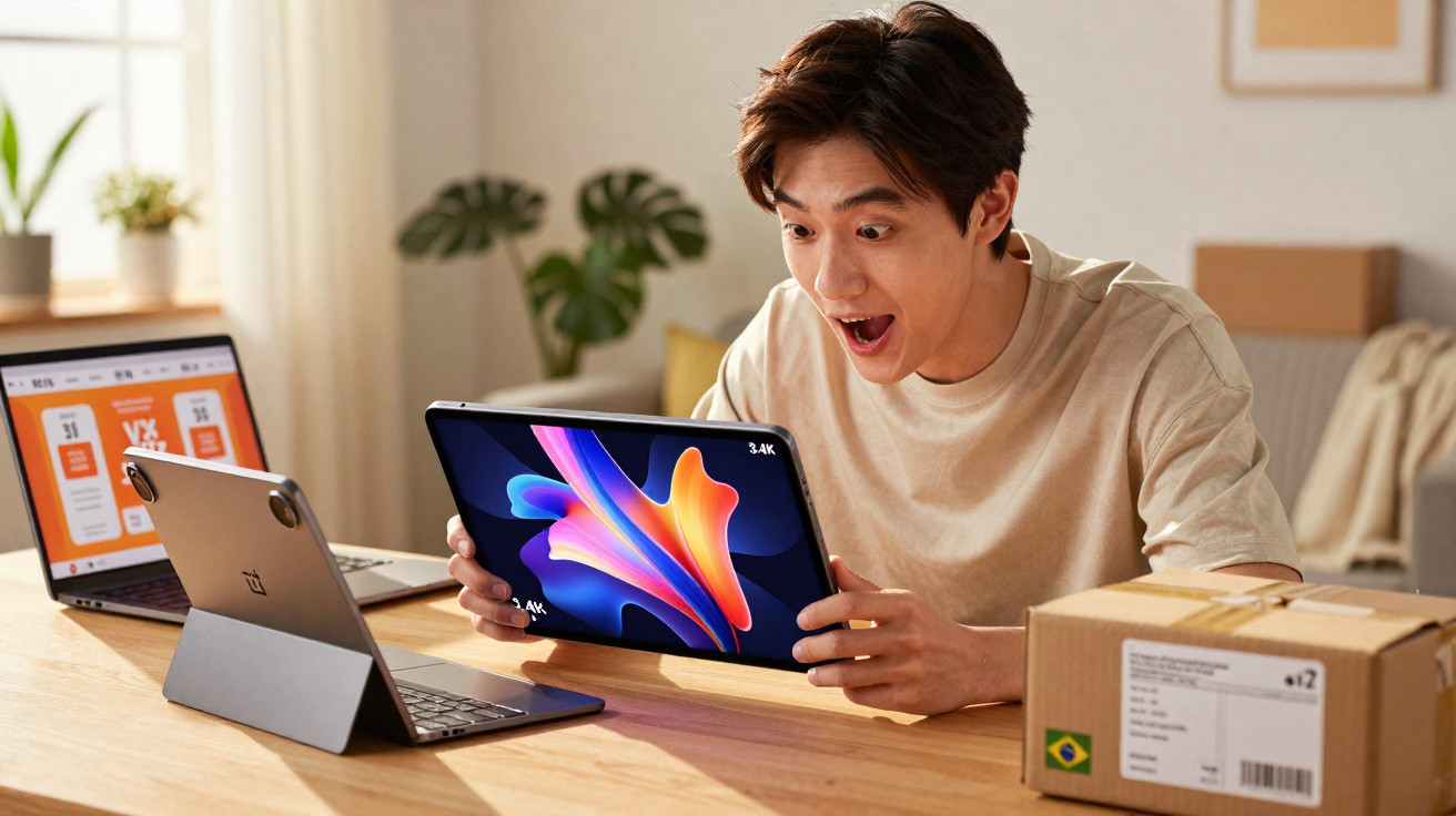 Young man excitedly holding a tablet at a desk with a laptop, keyboard, and cardboard box in a bright room.