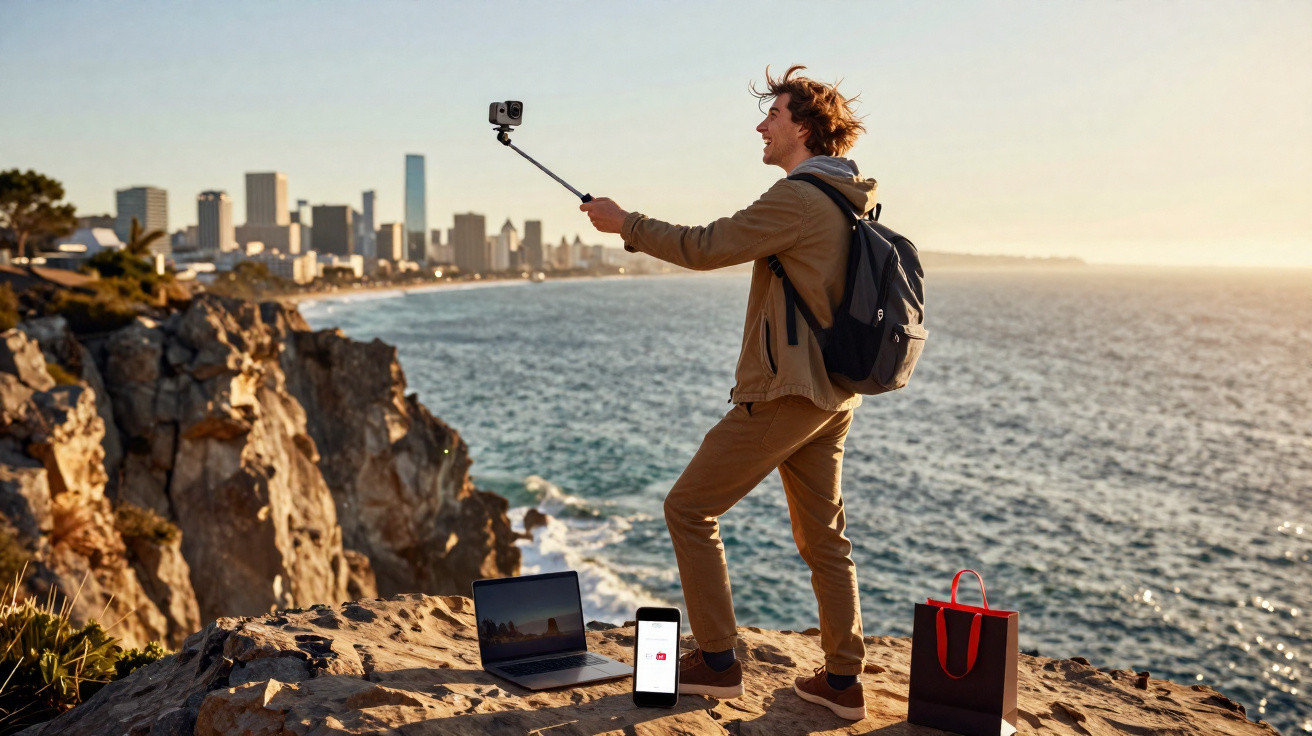 Young man using a selfie stick by the rocky coast with a laptop, smartphone, and bag beside him at sunset.
