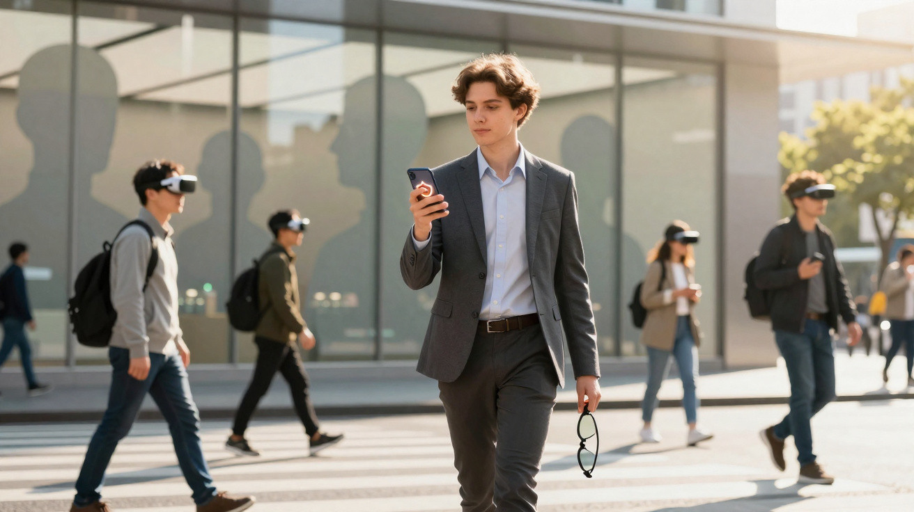 Young man in suit looking at phone walking on city street among people wearing virtual reality headsets