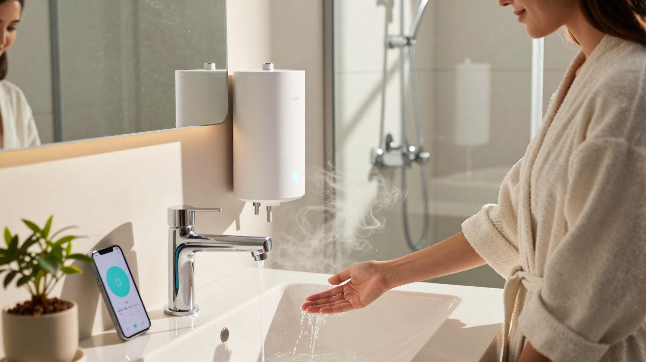 Woman in a bathrobe testing steam from a wall-mounted hand dryer next to a sink and smartphone in a modern bathroom.