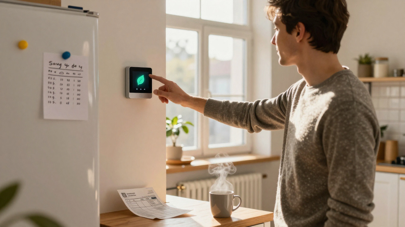 Man adjusting a digital thermostat on a kitchen wall near a steaming cup on a table by a window.