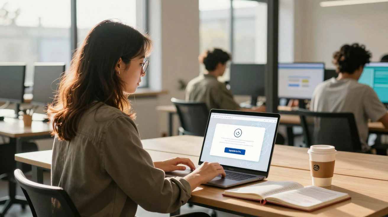 Woman working on laptop at office desk with coffee and open book, colleagues in background.