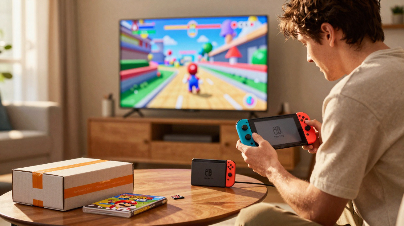 Young man playing Nintendo Switch with Mario Kart game displayed on TV in a cosy living room.