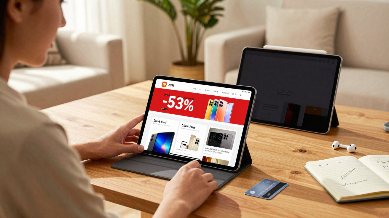 Person browsing a tech sale page on a tablet at a wooden table with another tablet, credit card, and notebook nearby.
