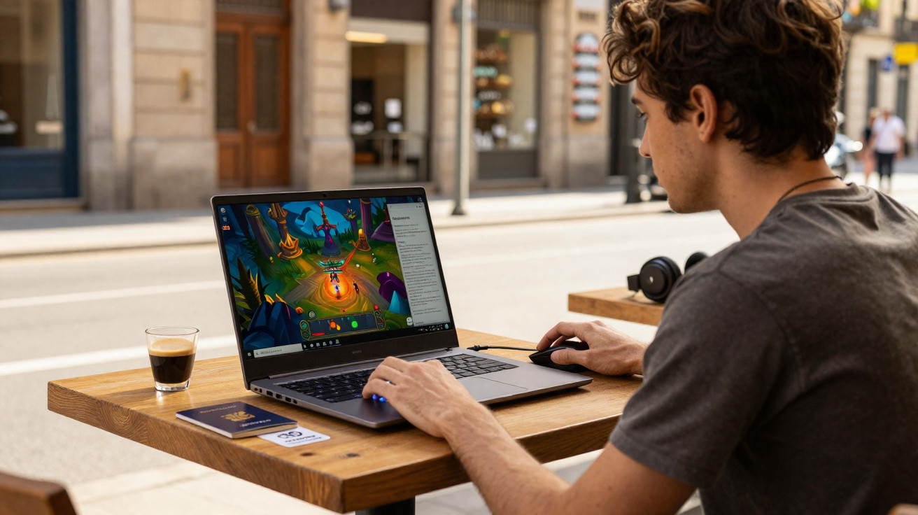 Young man playing a fantasy video game on a laptop at an outdoor café table with coffee and headphones nearby.