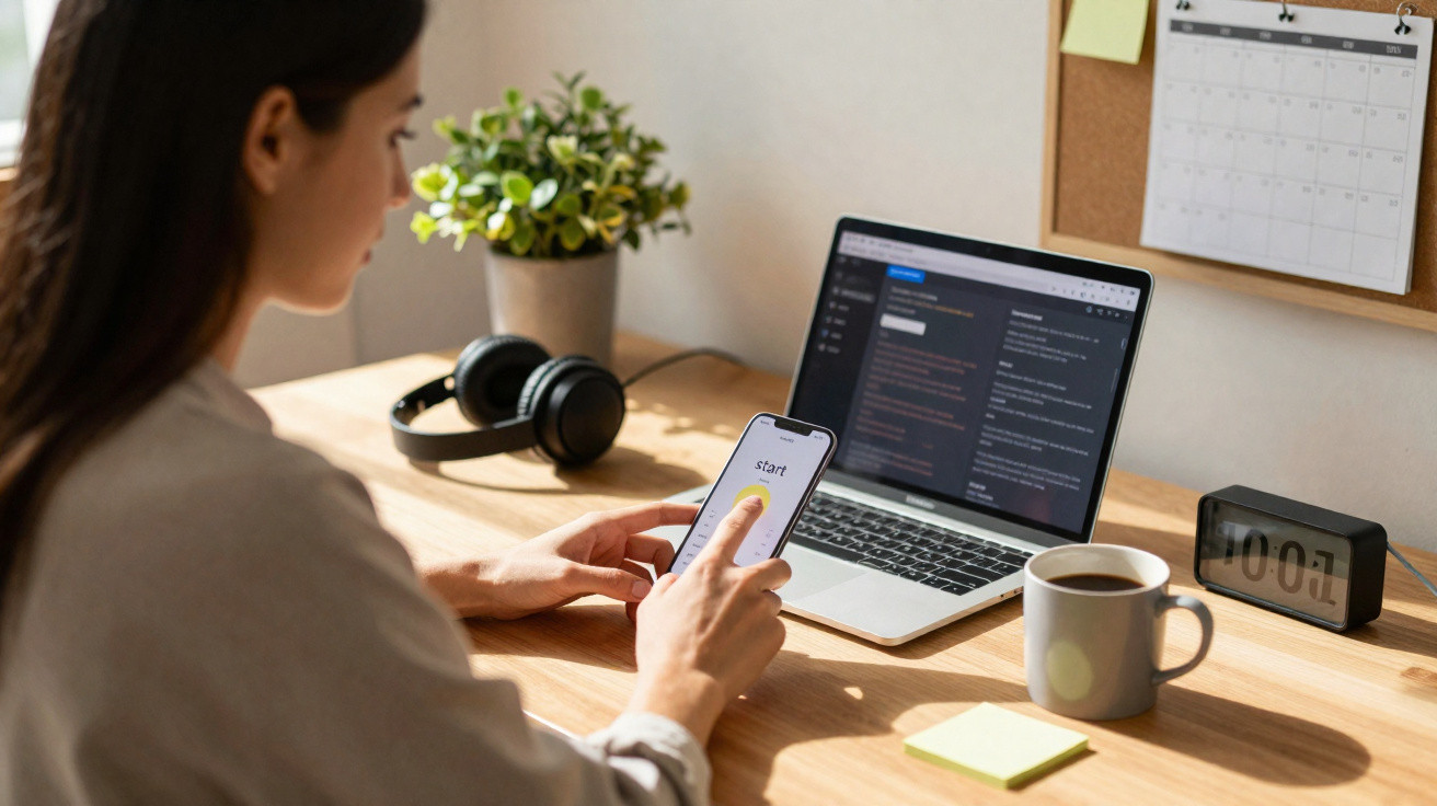 Woman using smartphone and laptop at desk with headphones, coffee mug, clock, and calendar in home office.