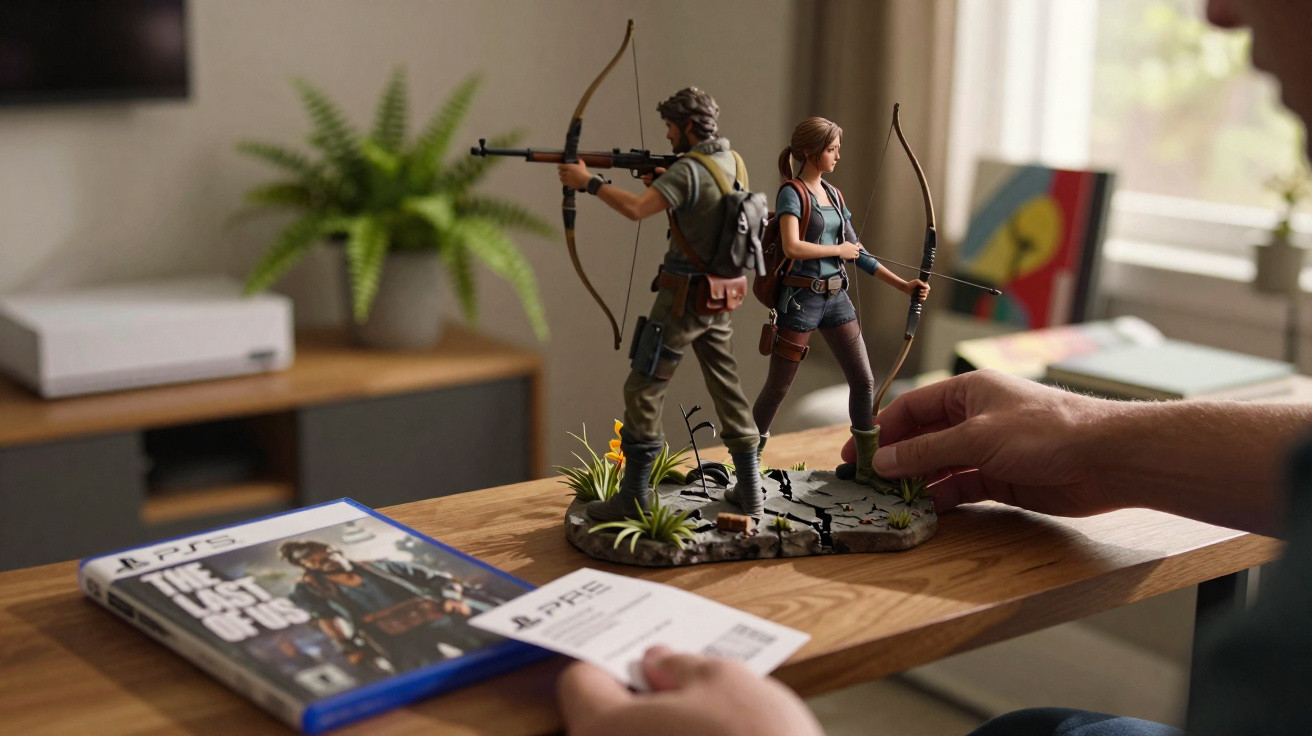 Person holding a detailed figurine of two archers back-to-back on a wooden table with a PS5 game case nearby.