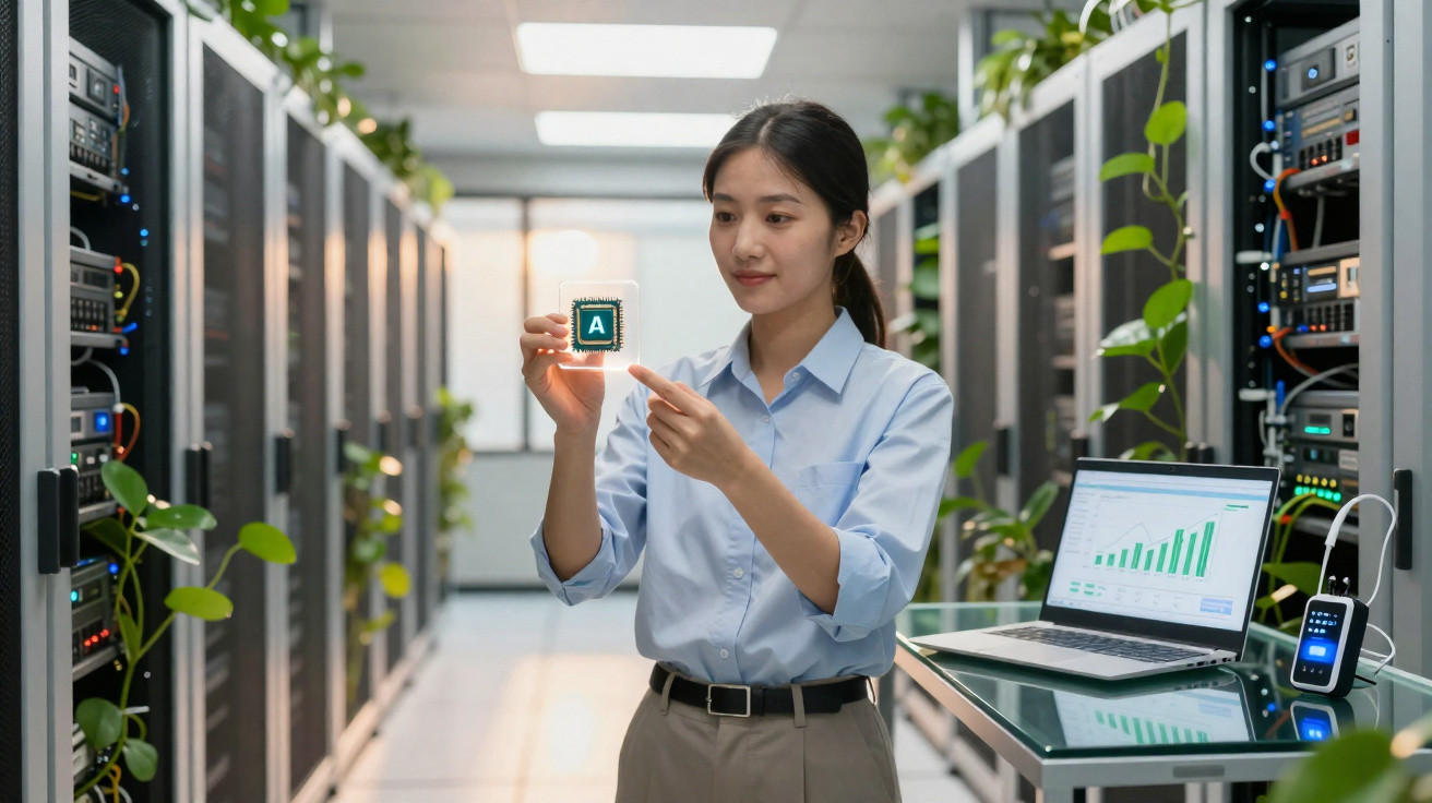 Technician holding a glowing computer chip in a server room with a laptop displaying data charts nearby.