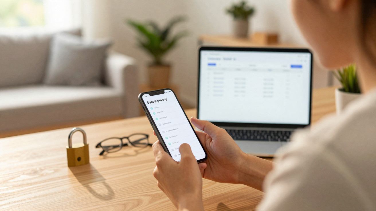 Person holding smartphone with data privacy settings open, laptop and padlock on wooden desk in background.